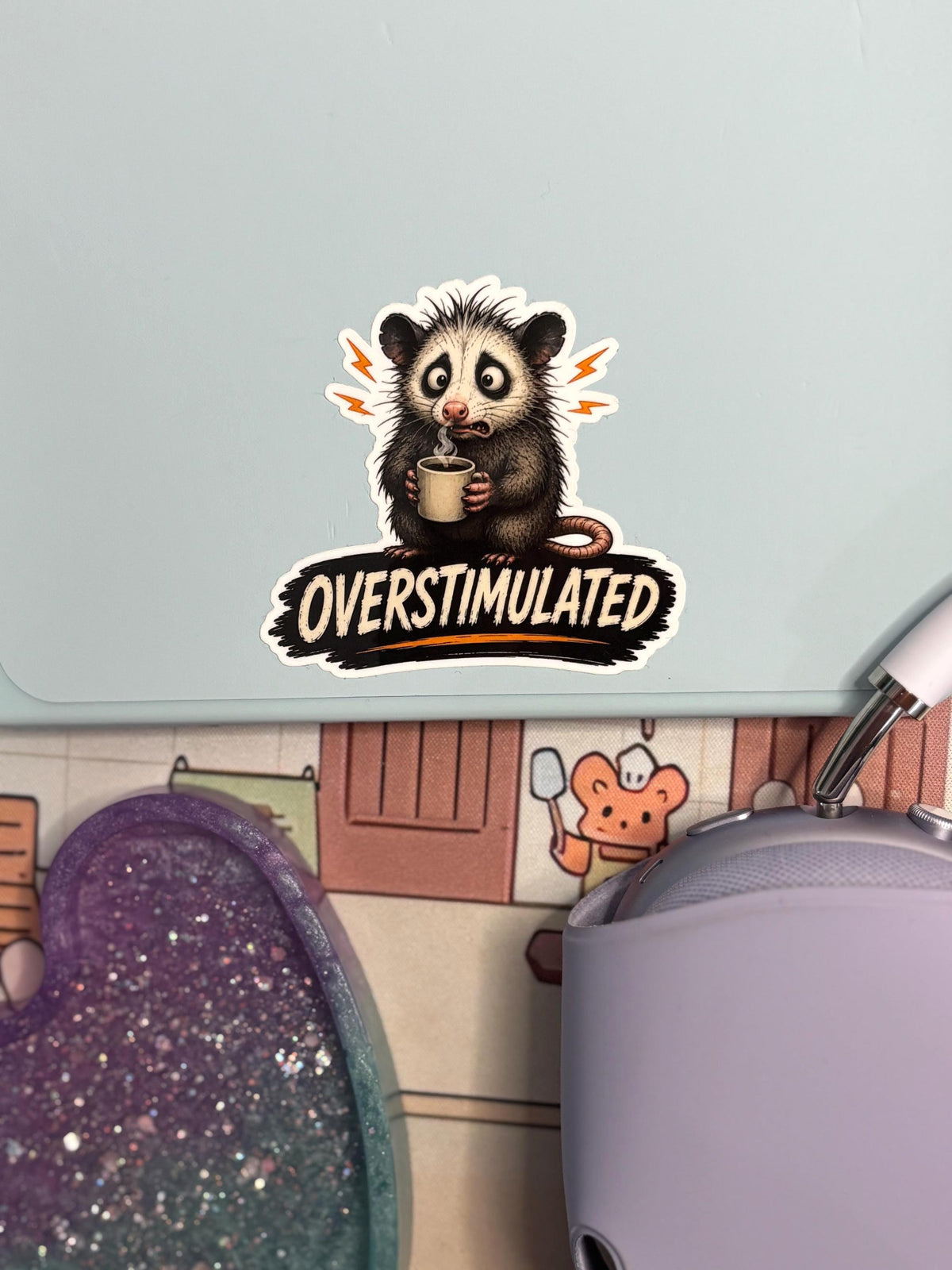 Overstimulated Possum Sticker, Funny Opossum Coffee Decal, Blue Collar Hard Hat Sticker, Stress Relief Gift