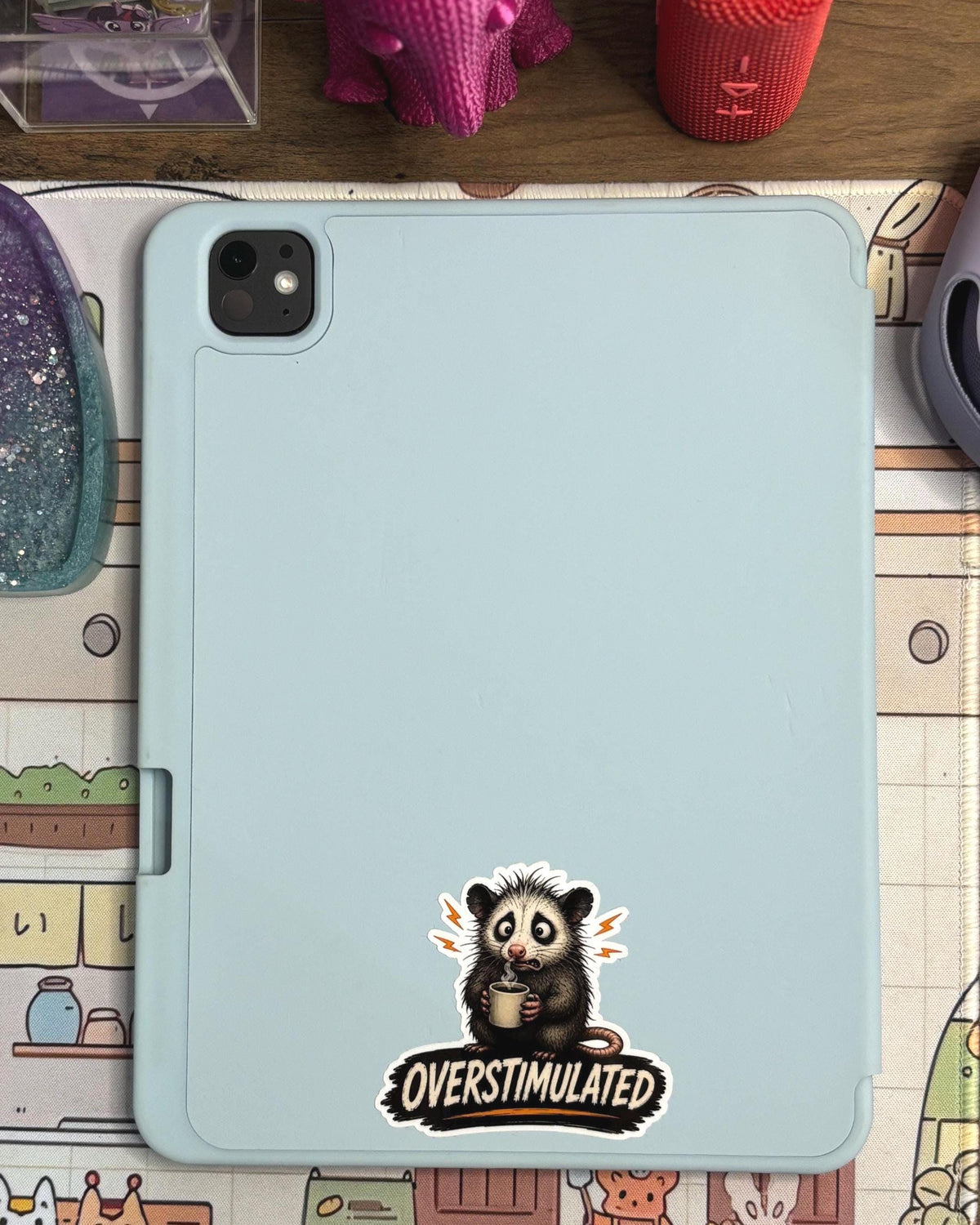 Overstimulated Possum Sticker, Funny Opossum Coffee Decal, Blue Collar Hard Hat Sticker, Stress Relief Gift
