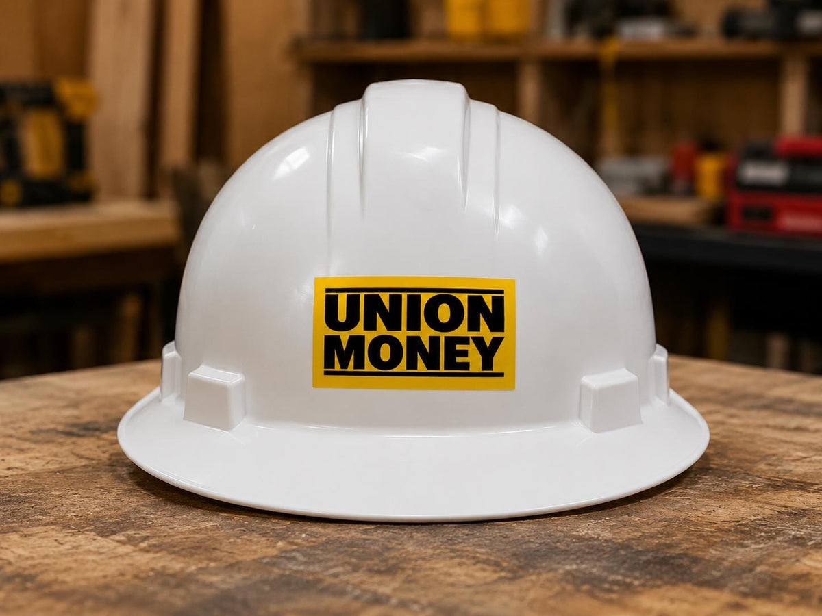 Union Money Hard Hat Sticker, Funny Blue Collar Vinyl Decal